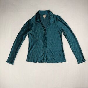 Truself Women’s Large Crinkle Crinkle Pleated Button Down Blouse Y2K Stretch Top